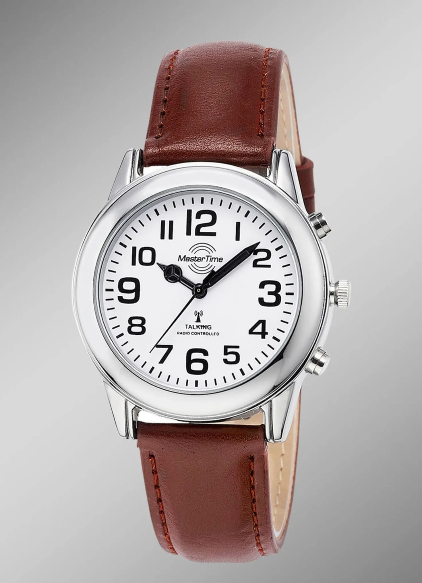 Funk-Herrenuhr mit Lederband und sprechender Zeitansage