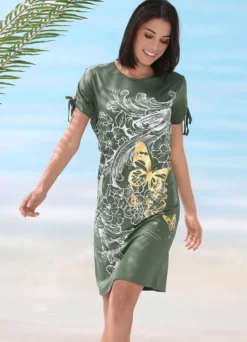 Kleid mit platziertem Druckdessin und raffbaren, kurzen Ärmeln