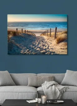 Leinwandbild Weg zum Nordseestrand in goldenem Sonnenuntergang